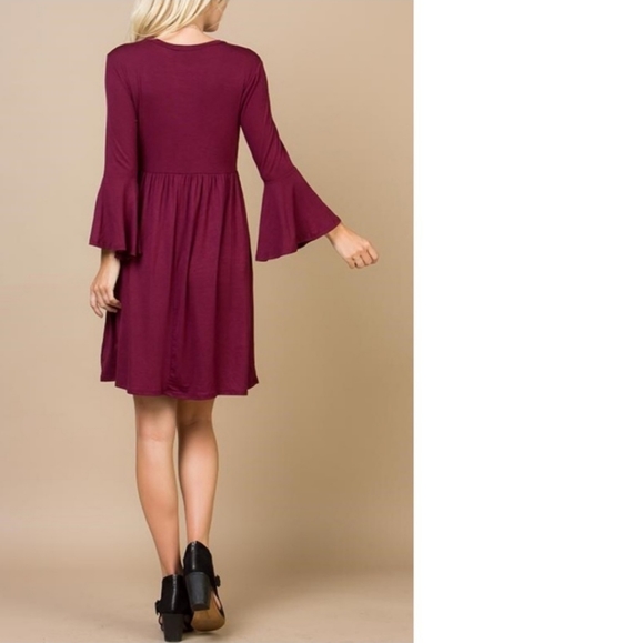 ! NWT Solid Wine Lightweight Ruffled Bell Sleeve Pockets A-Line Mini Dress ! - Picture 3 of 3